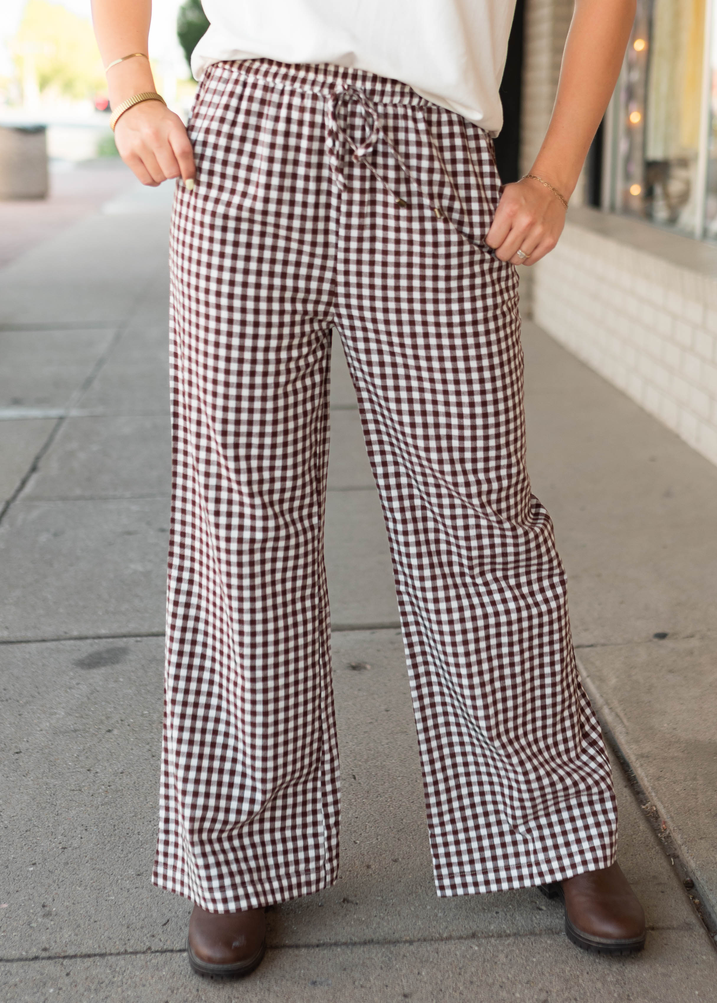 Alicia Brown & White Gingham Wide Leg Pants | Lena Layne