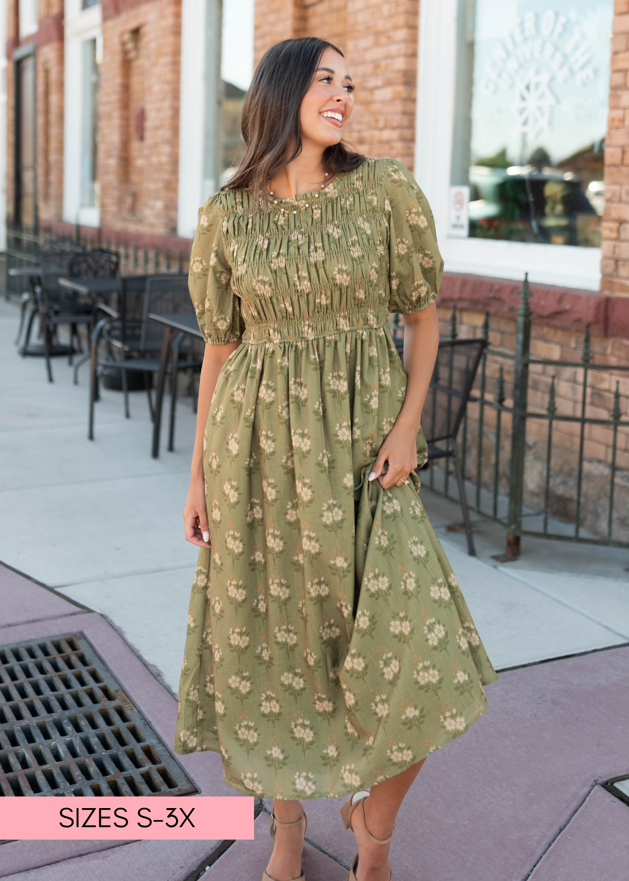 smocked midi dress with sleeves Becca Olive Floral – Lena Layne breathable fabric drapes beautifully Serenity & Sunshine Dress Color:Ibiza Blue sizechart-sleeveless-midi-waist