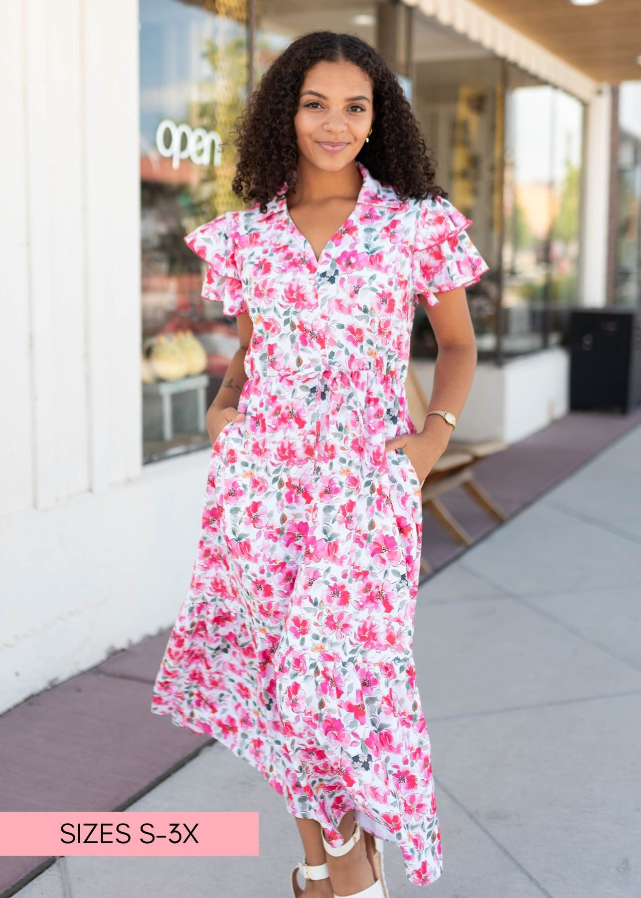 Camilla Pink Floral Midi Dress - Collared V-Neckline, Flutter