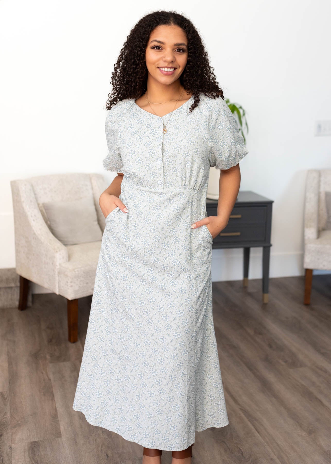 Celina - Light Blue Leaf Print Belted Shirt Dress main image 0