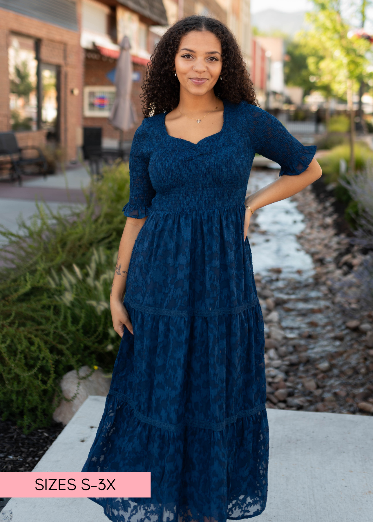 tiered dress midi formal Dalaney Navy Floral long layered dress