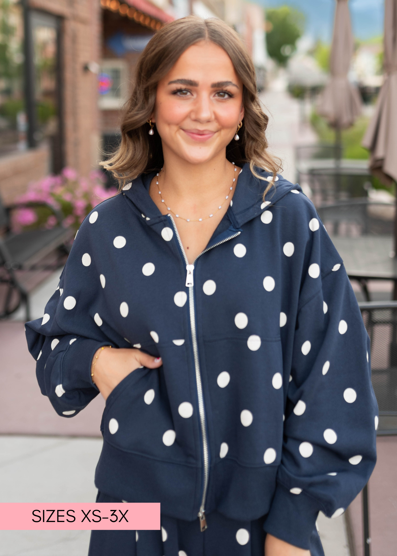 Erica Navy & Ivory Polka Dot Zip-Up Hoodie | Lena Layne