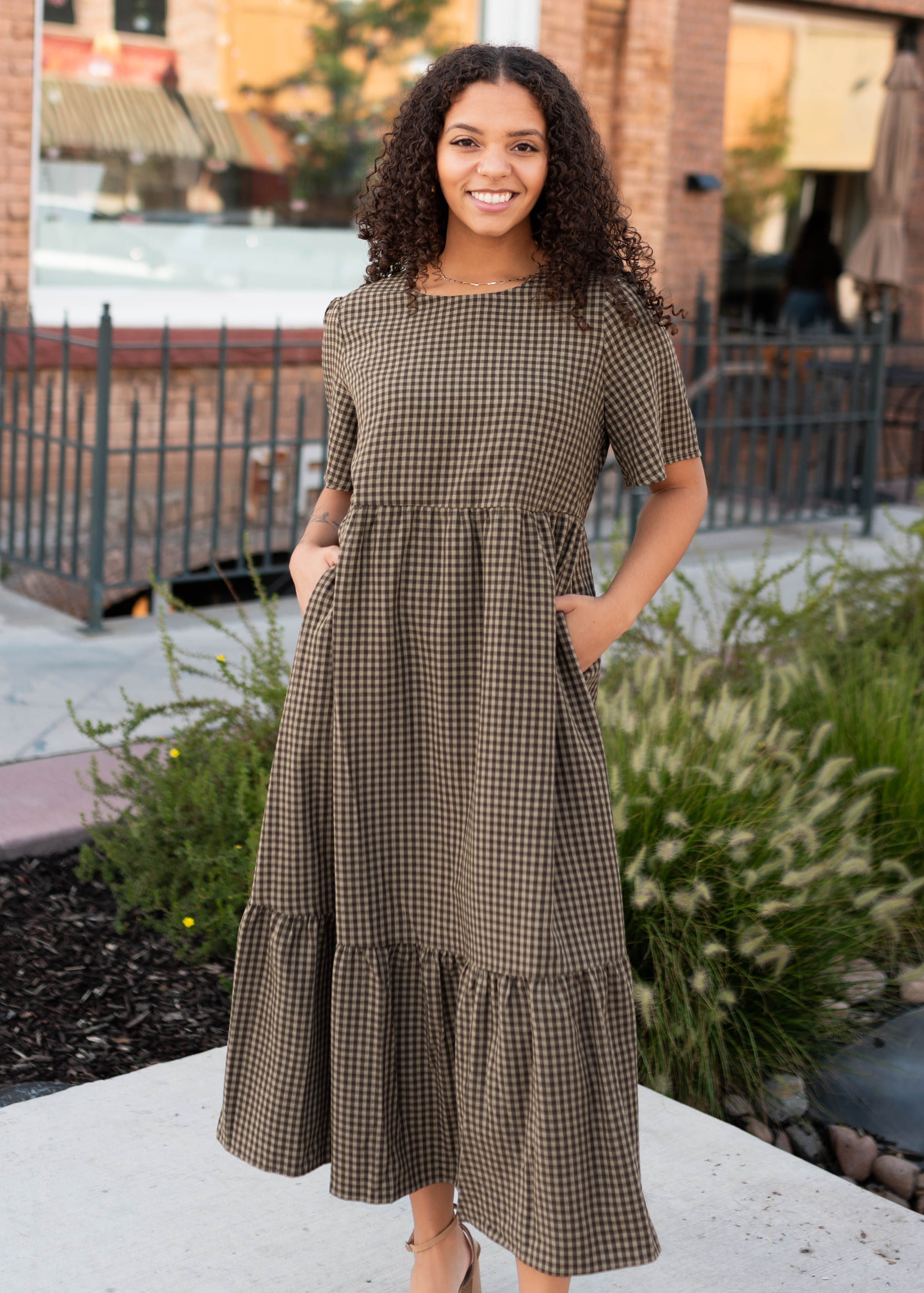 midi brown gingham dress Finley Short Sleeve UK Size:9
