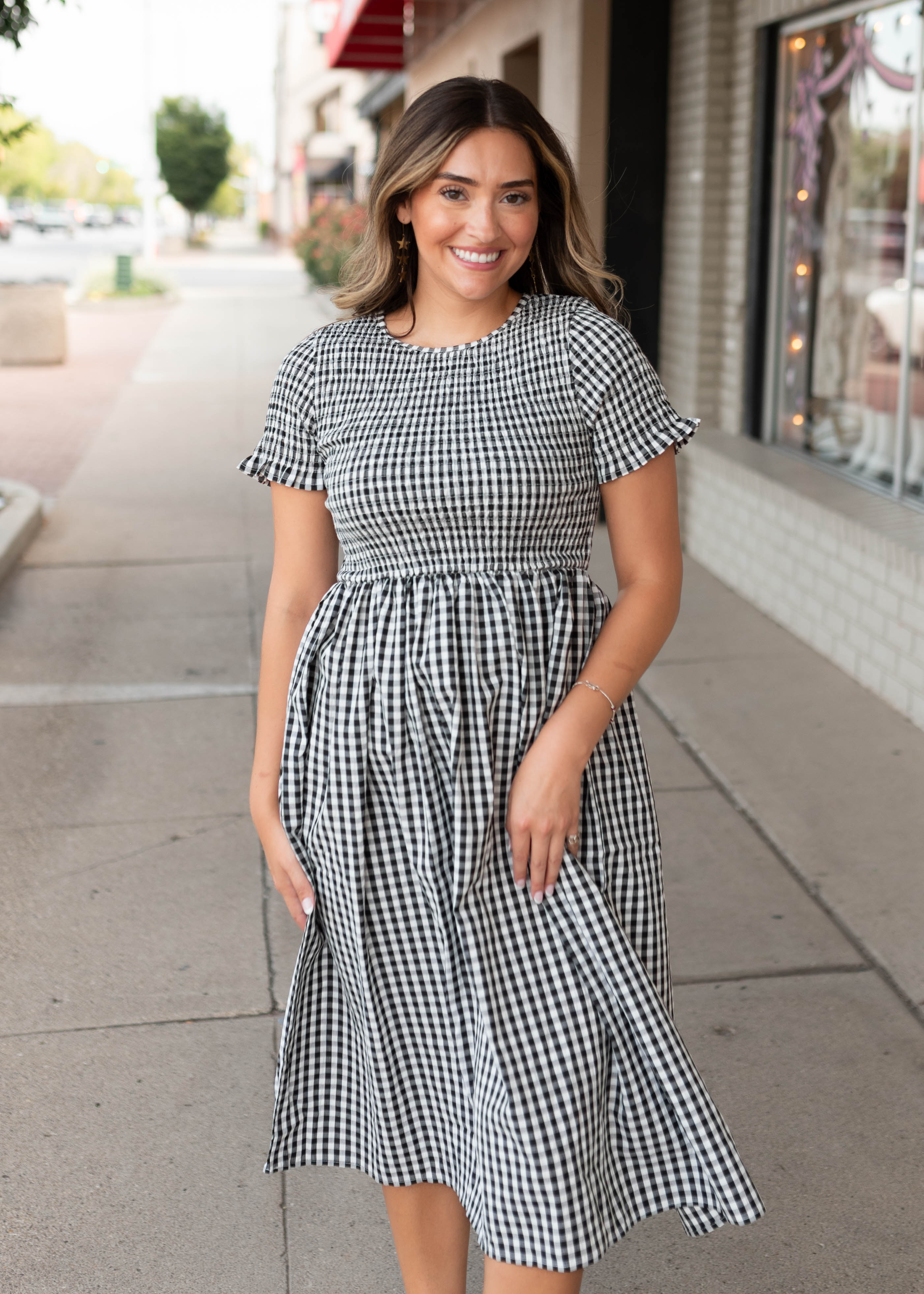 gingham smocked midi dress Gemma Black & White it blends practicality with NURSING FRIENDLY DRESSES Color:Baked Plum Jovani Sexy Sheer Long