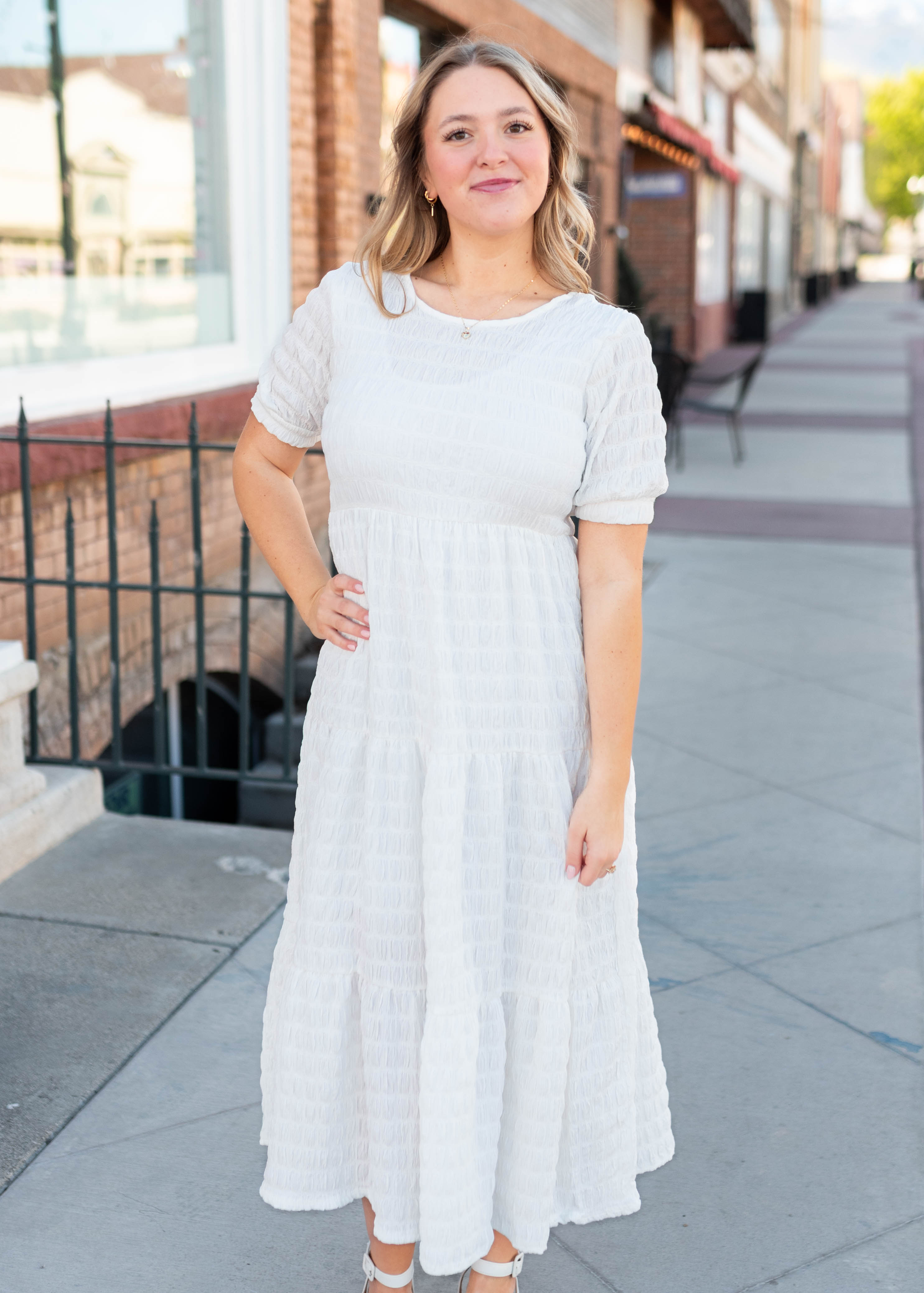 Hallie White Bubble Textured Midi Dress - Puff Sleeves & Tiered
