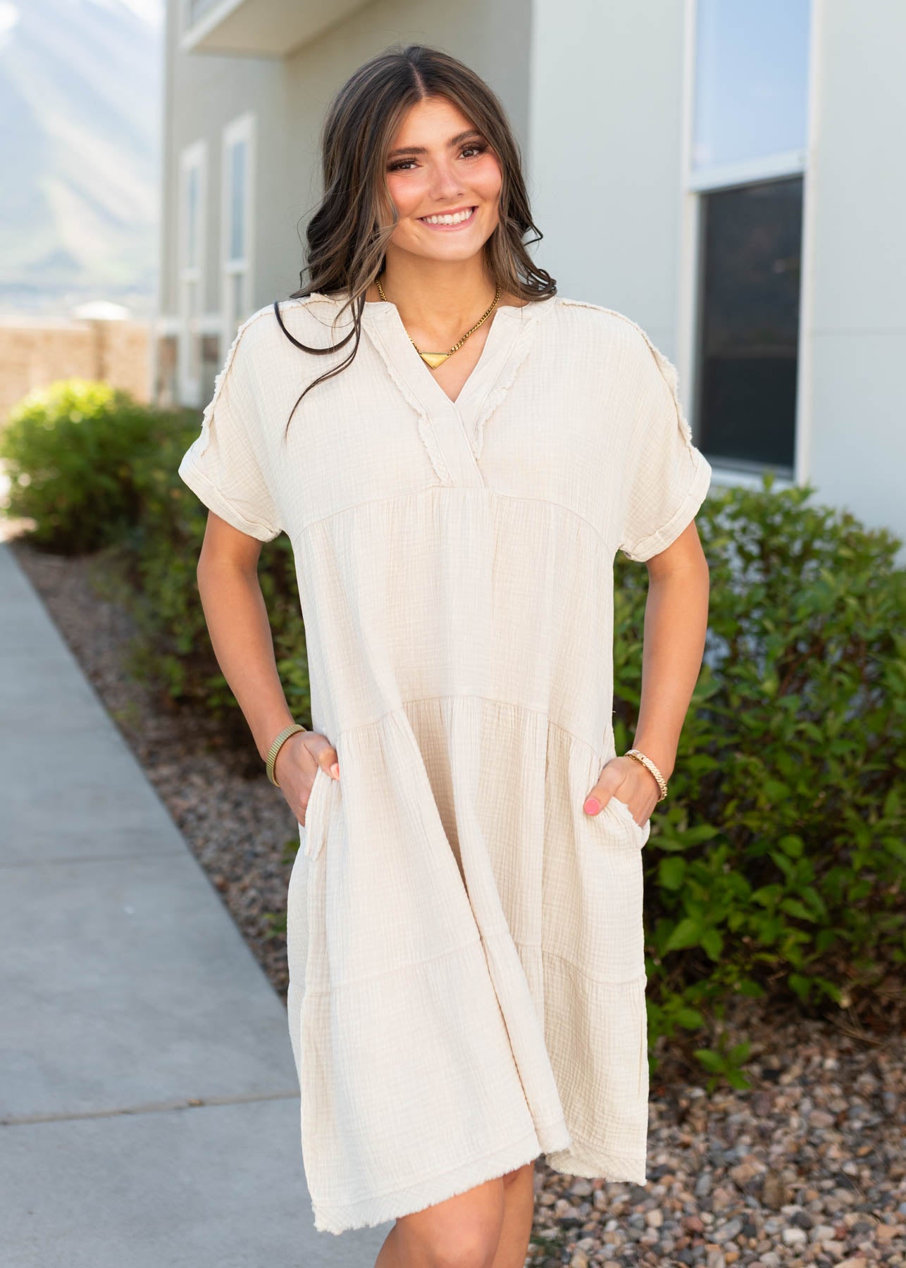 beige tiered dress Strappy Tiered Maxi Dress in Beige Stripes – Reistor main image 0