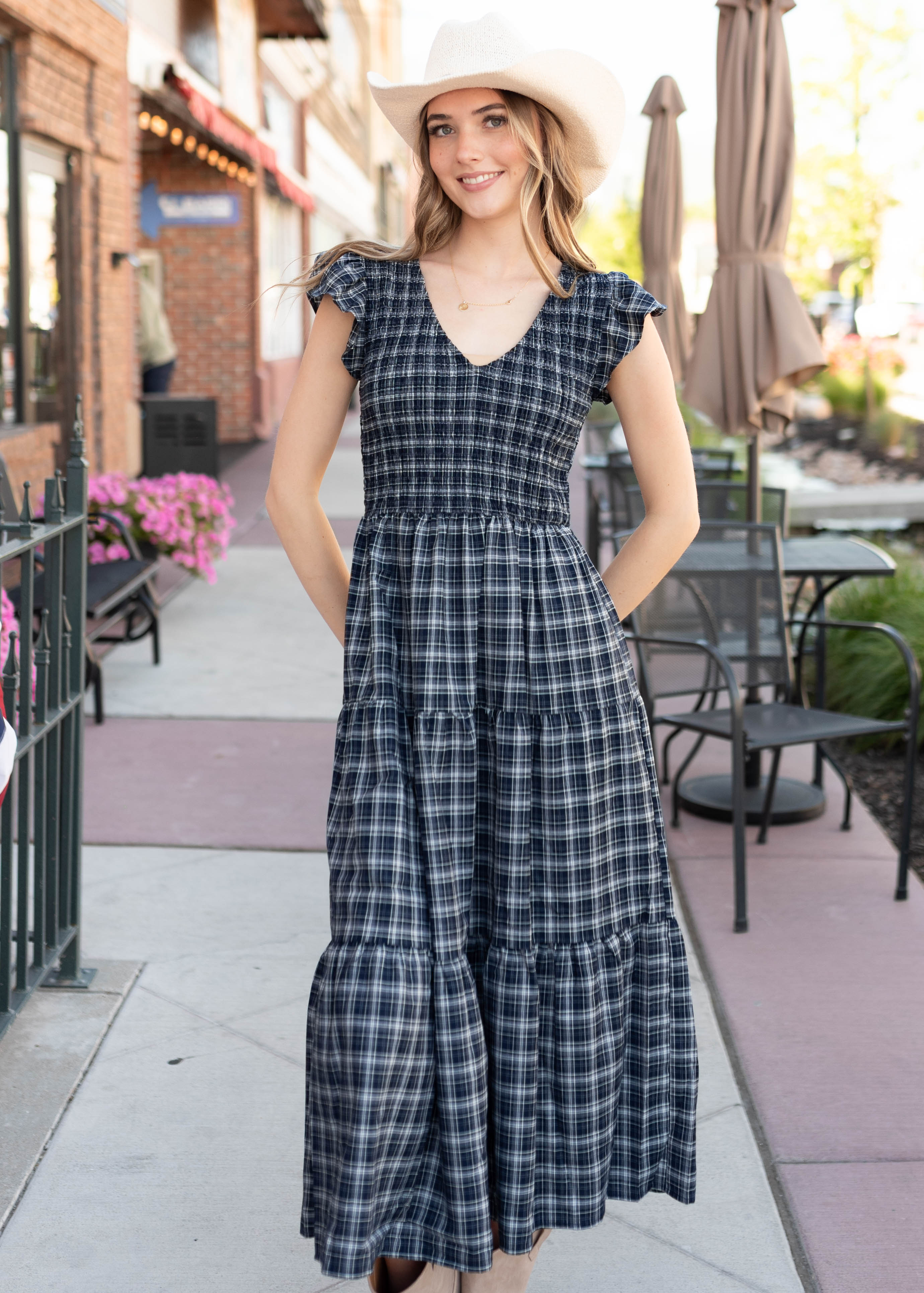 Joan Navy Plaid Tiered Dress | Lena Layne