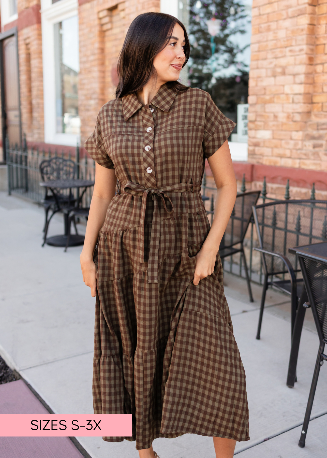 Kaylee Brown Plaid Collared Midi Dress