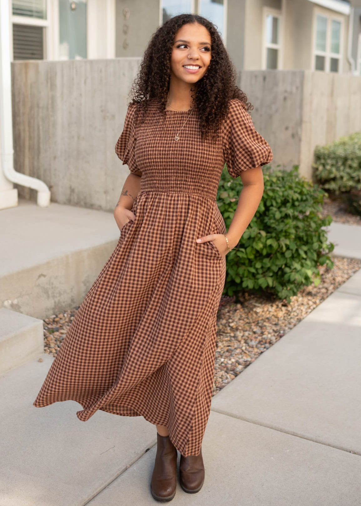 Kinsley Mocha Brown Gingham Dress Kinsley Mocha Brown Gingham Dress