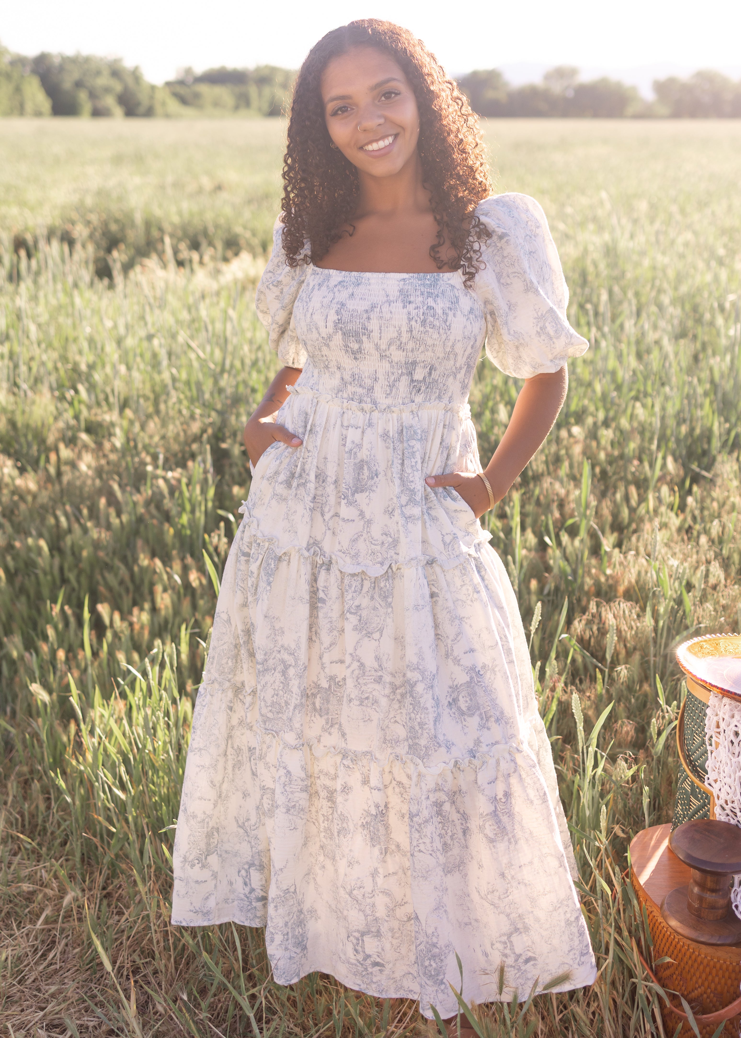 Lea Blue Toile Maxi Dress - Square Neckline, Smocked Bodice, Puff