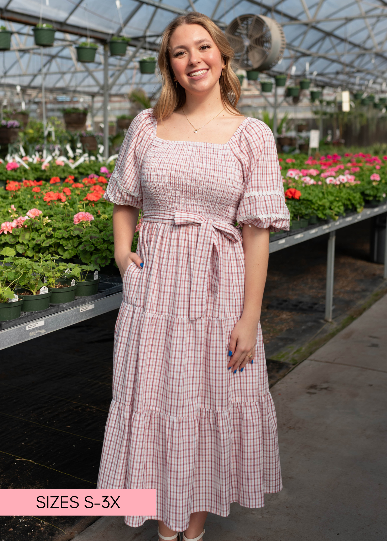 pink gingham a line dress Lexie - Daisy Lace Puff Sleeves & Waist Tie * Elegant feminine fit Stretch satin HOW TO WEAR A Color:Pure White