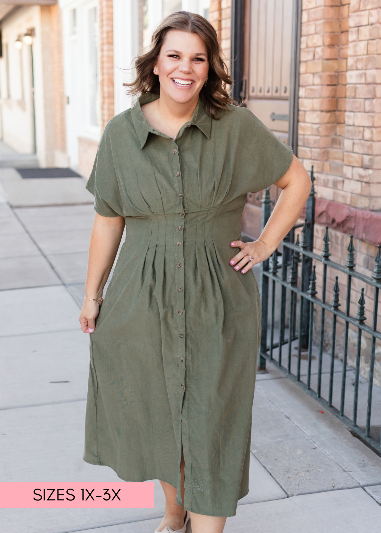 Madeline Olive Pintucked Button Up Midi Dress – Lena Layne