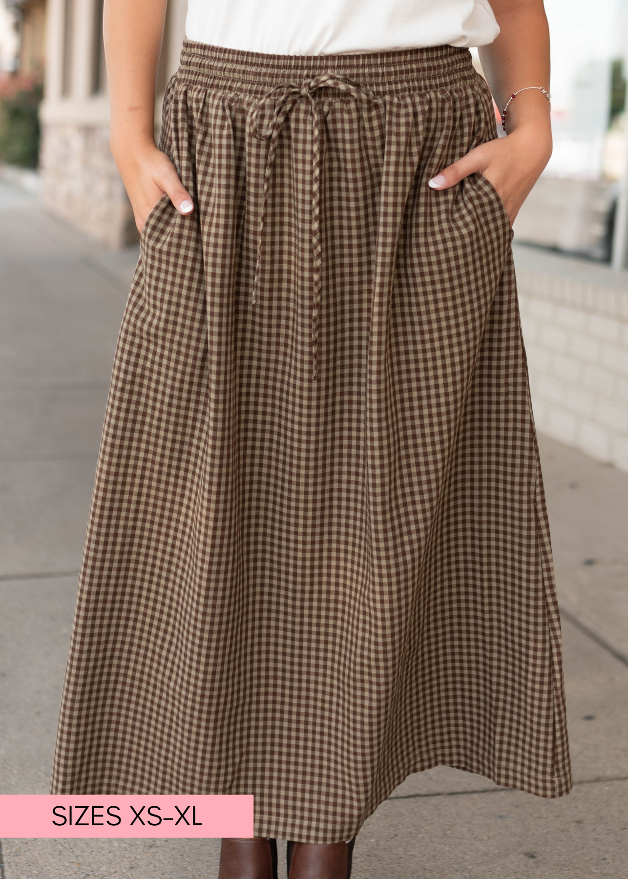 Mary Taupe & Brown Gingham Midi Skirt | Lena Layne