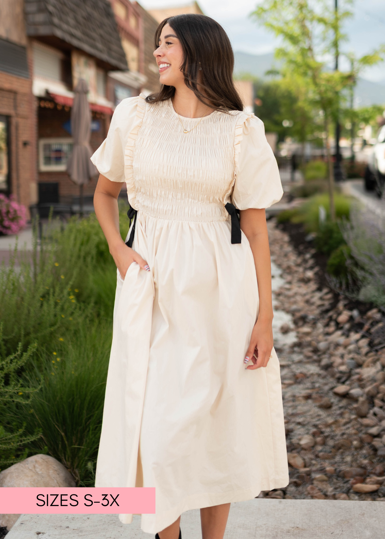 Nadya Cream Smocked Dress With Black Bows – Lena Layne