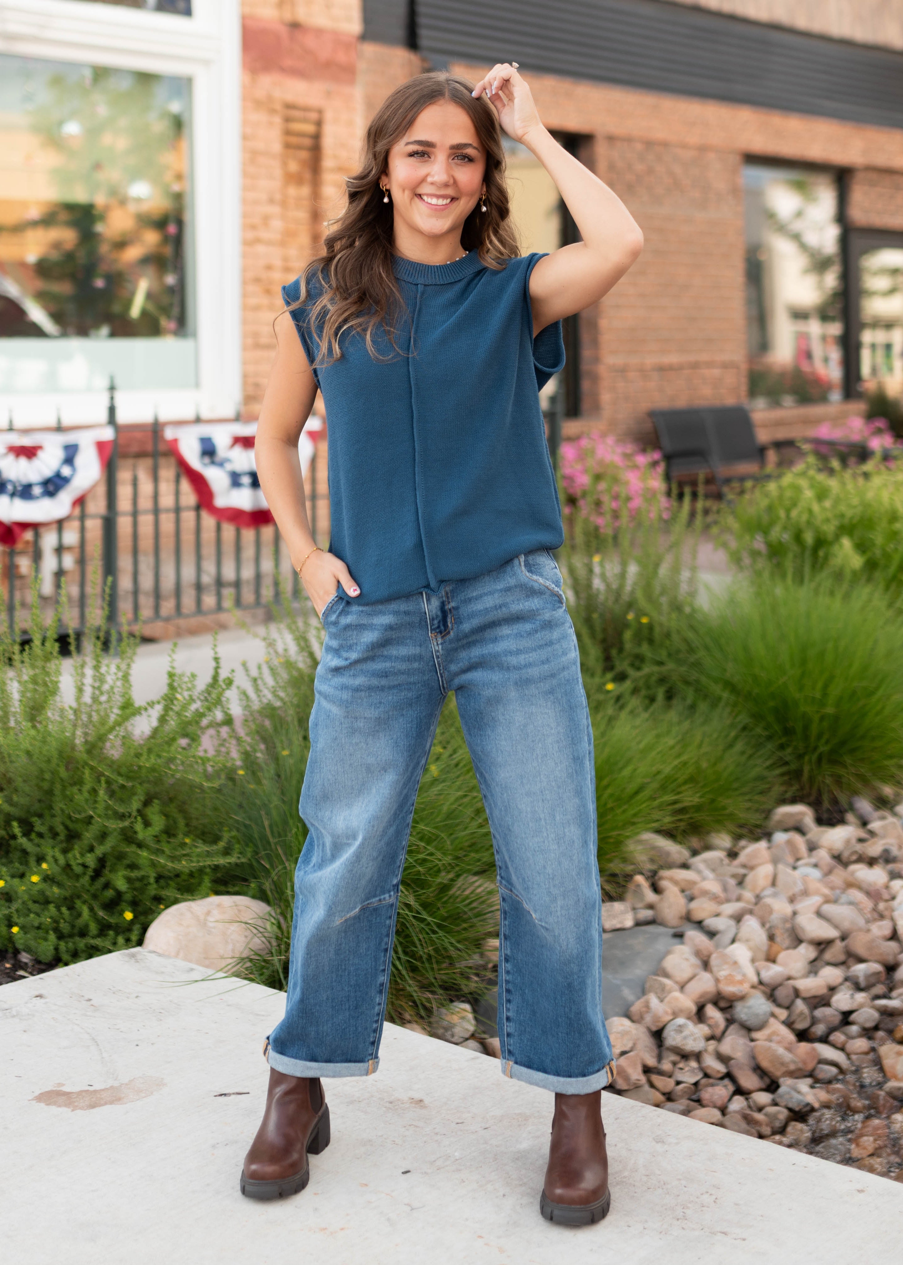 Tara Navy Exposed Seam Sleeveless Sweater – Lena Layne