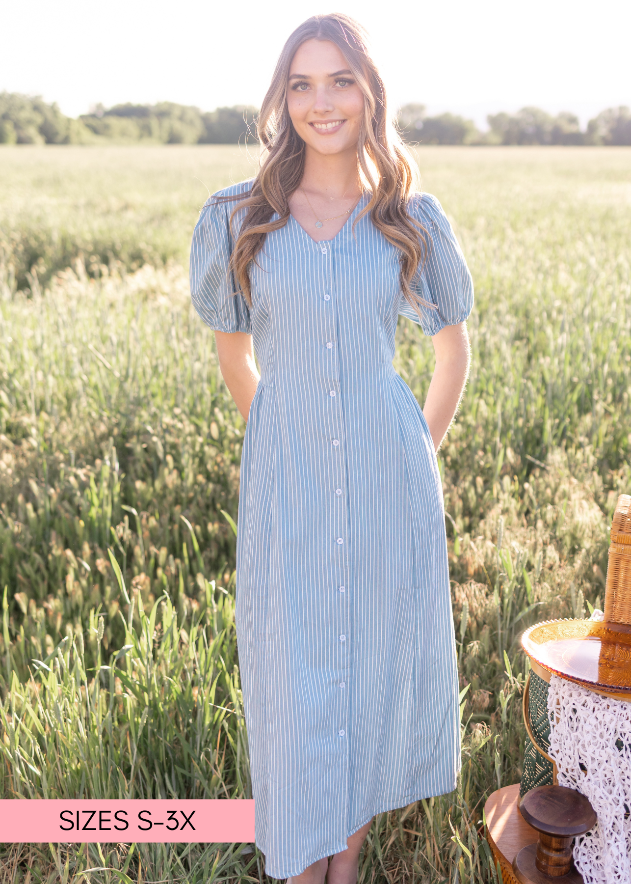 Taylor Denim Pinstripe Midi Dress - Puff Sleeves, Button-Up, V-Neckline &  Back Waist Tie | Lena Layne