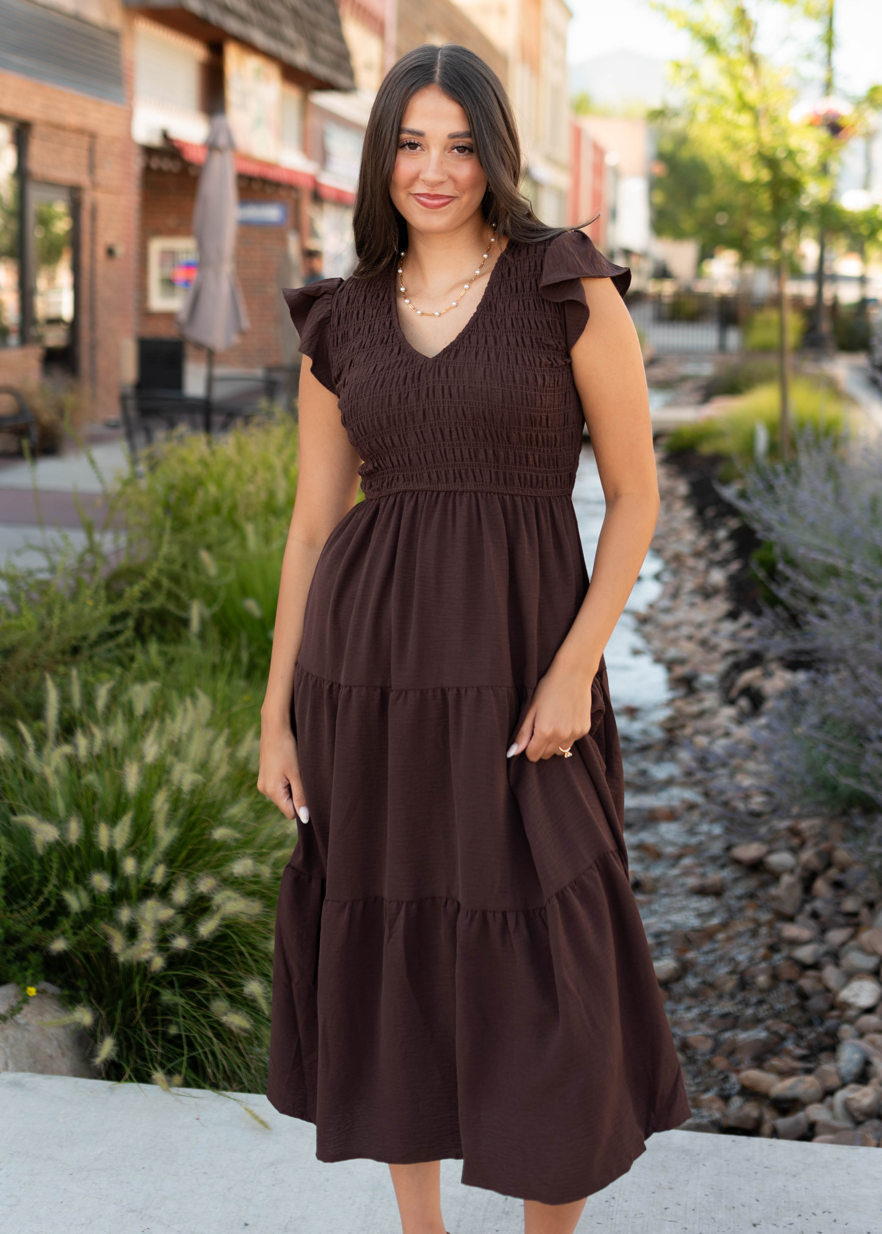 brown smocked midi dress Zaylee Dark V Neck – Lena Layne Crafted from a durable Size:US Size 8 90s Laura Ashley Corduroy Col Grp Seas: S-S