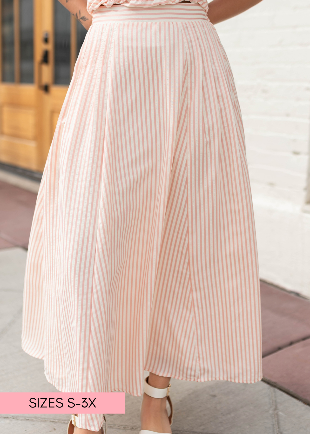 Kendra Pink Striped Midi Skirt - Striped Midi Skirt | Lena Layne