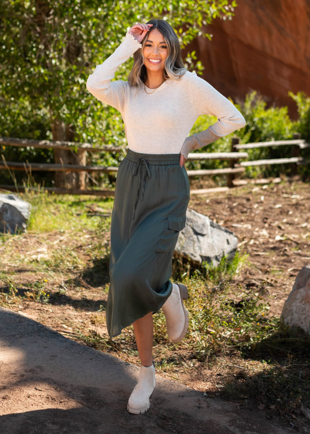 Dark olive cargo skirt that ties at the waist