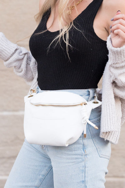 White sling bag with adjustable waist band