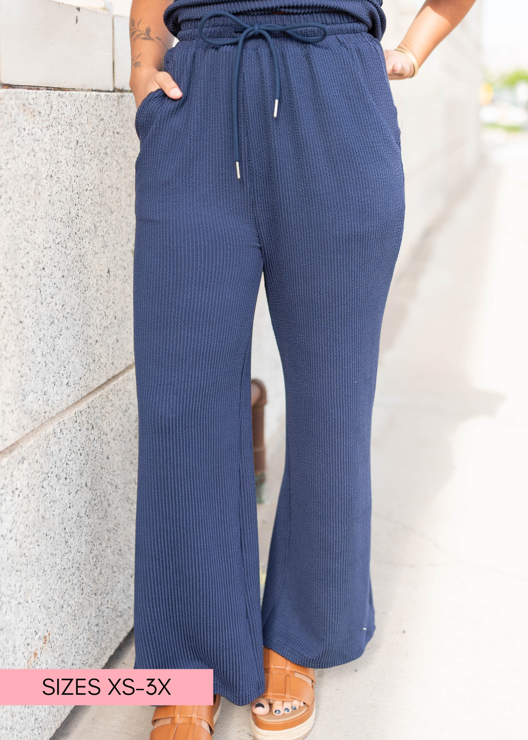 Adelina Navy Blue Textured Pants — Boutique Women's Pants | Lena Layne