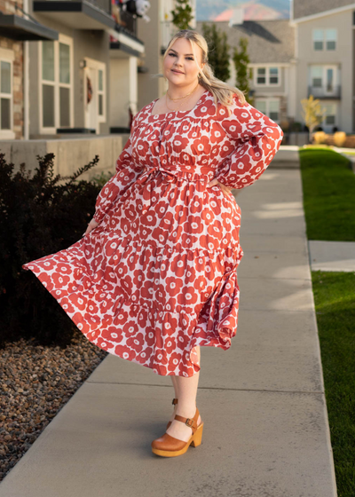 Long sleeve plus size brick floral dress