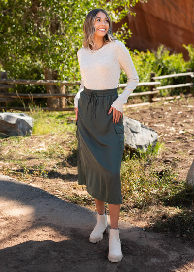 Side pocket dark olive cargo skirt