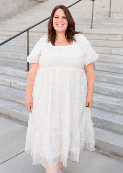 Plus size white embroidered dress