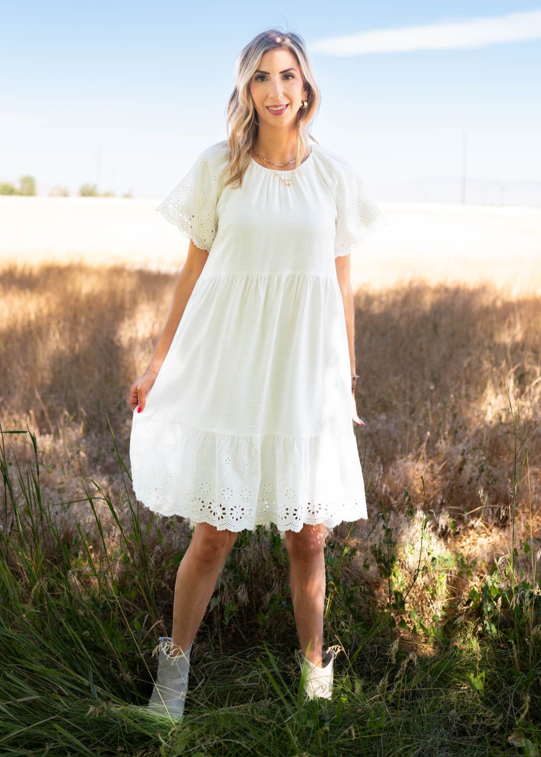 Tiered ivory eyelet sleeve dress