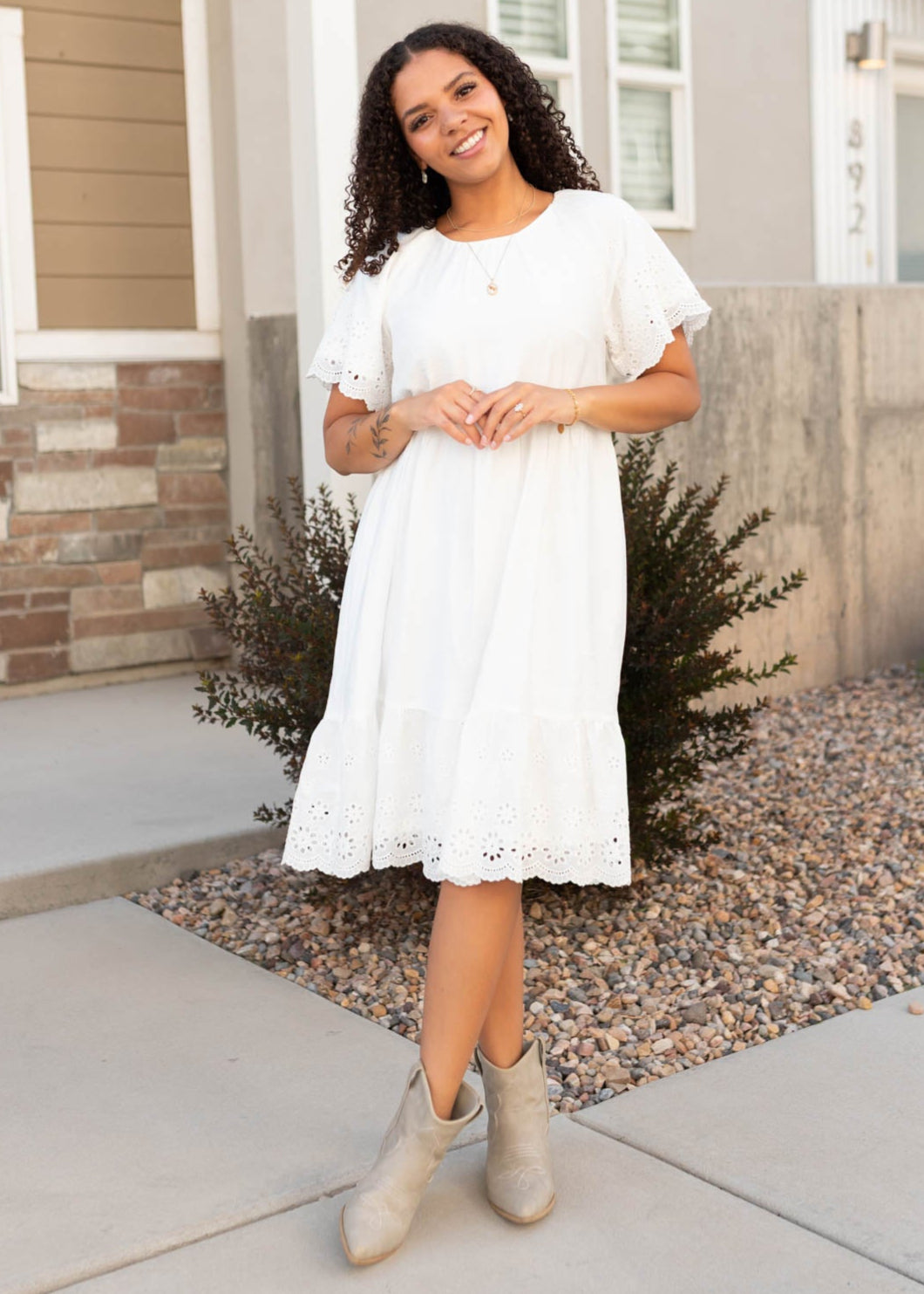 Ada Ivory Eyelet Sleeve Dress