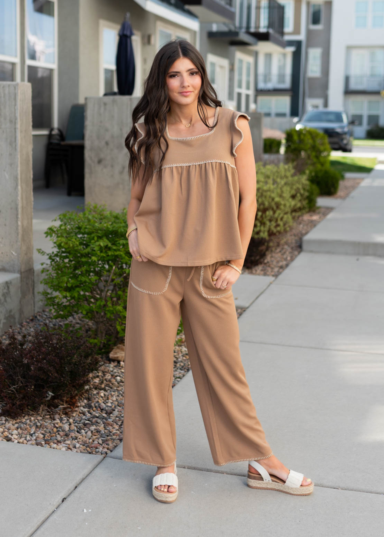 Brown waffle knit bottoms with pockets