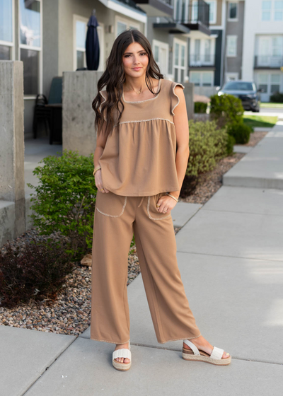 Brown waffle knit bottoms with pockets