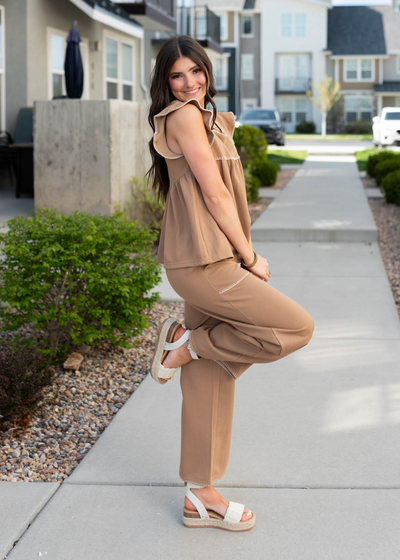 Side view of the brown waffle knit bottom