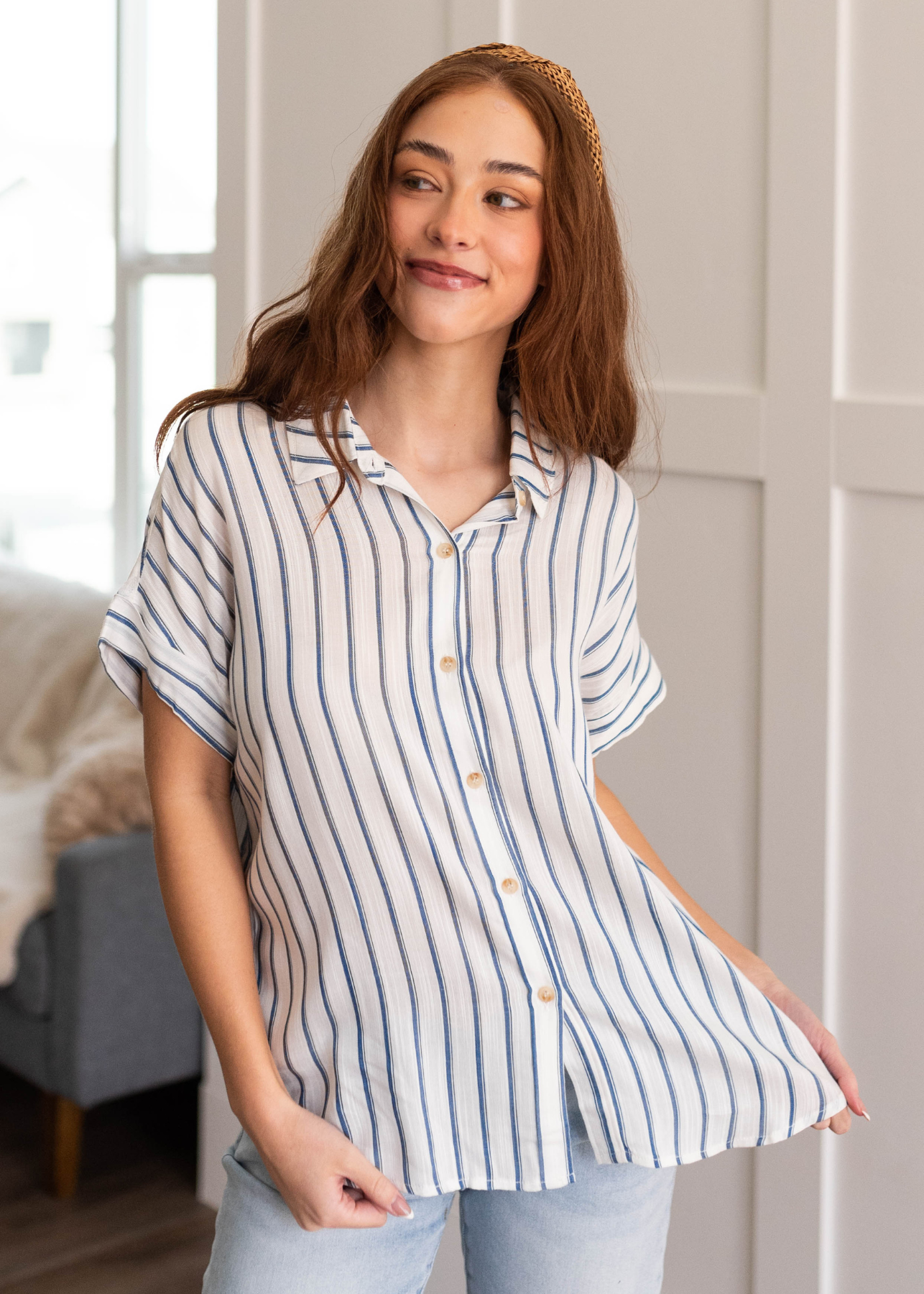 Short sleeve indigo stripe button down top