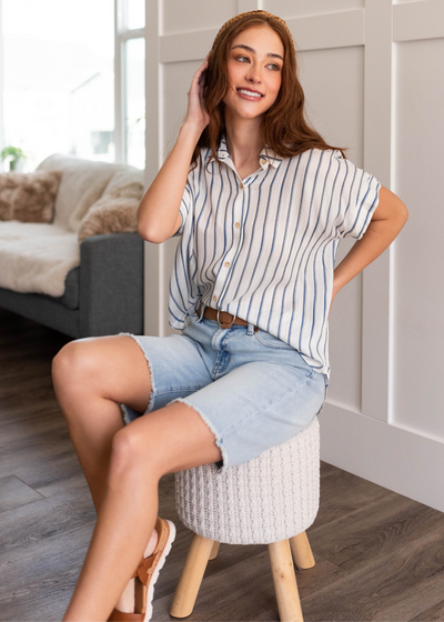Indigo stripe button down top with short sleeves