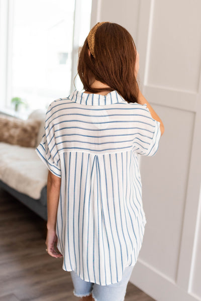 Back view of the indigo stripe button down top