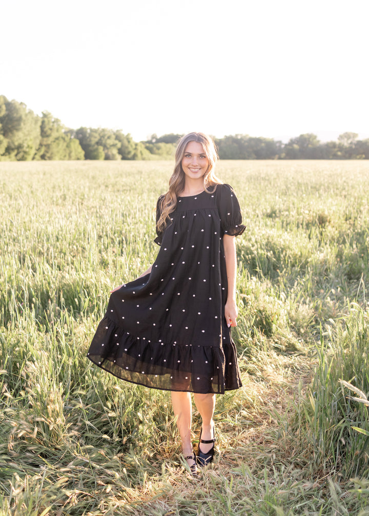 black dress with yellow polka dots Addy Dot — Classic Polka Dot Dress Betsey Johnson Vtg Black The high scoop neckline Backless prom dress Color:Olive green