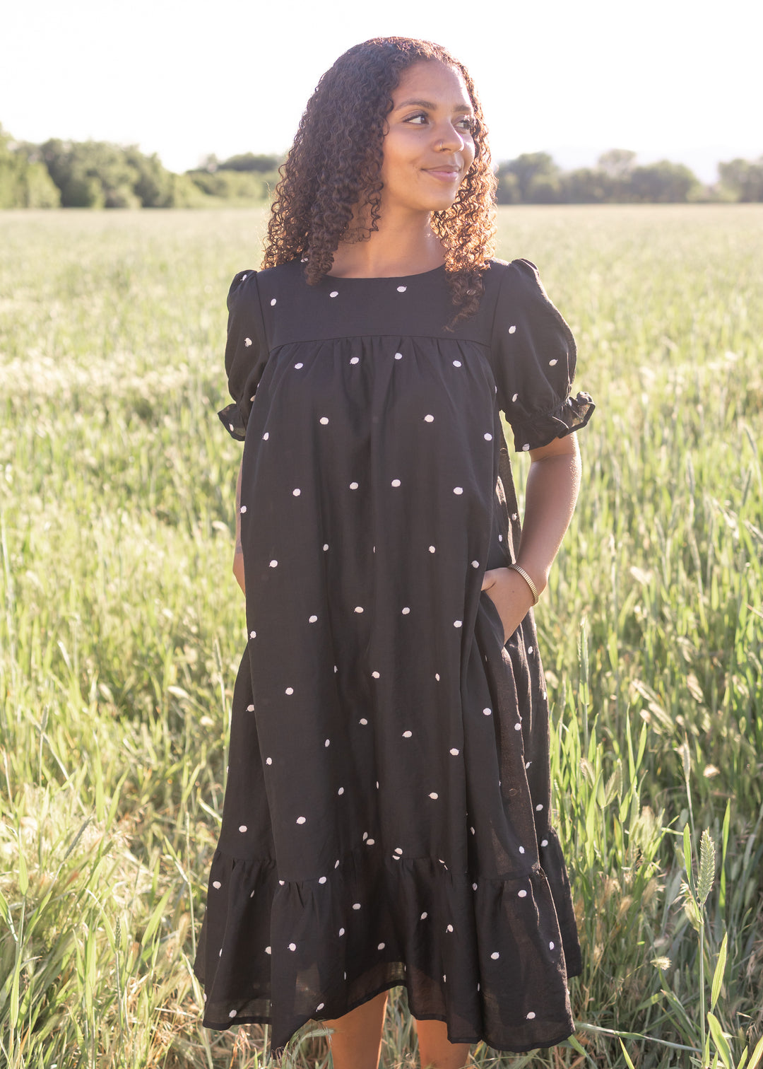 black polka dot dress with puff sleeves Addy — Classic Polka Dot Dress flattering cut that frames Women's Black Satin Tie Size:4XL (Bust 100 cm) Skirt Details_Mermaid Flare