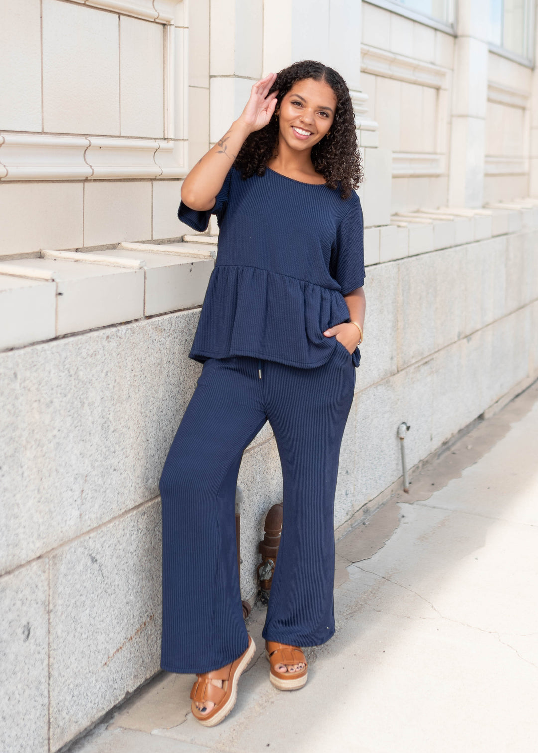 Adelina Navy Blue Textured Pants — Boutique Women's Pants | Lena Layne