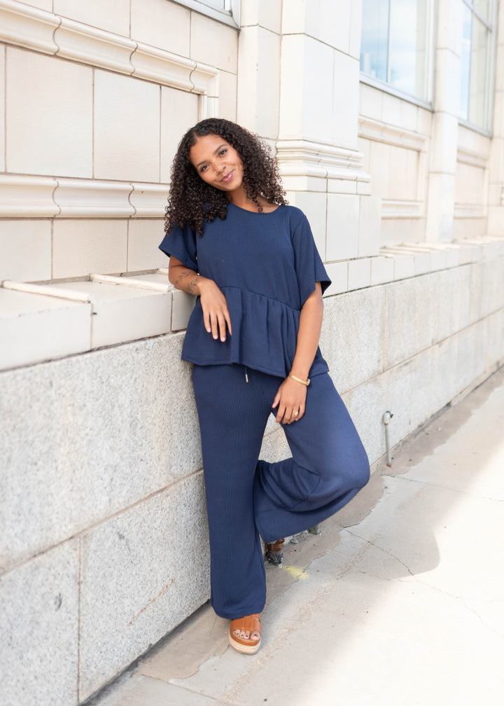 Adelina Navy Blue Textured Pants — Boutique Women's Pants | Lena Layne