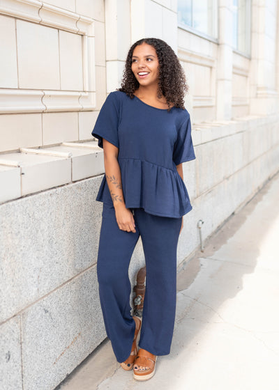 Adelina Navy Blue Ribbed Peplum Top | Matching Lounge Set | Lena Layne