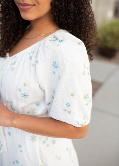 Close up of the fabric and sleeve on the white flower embroidered dress