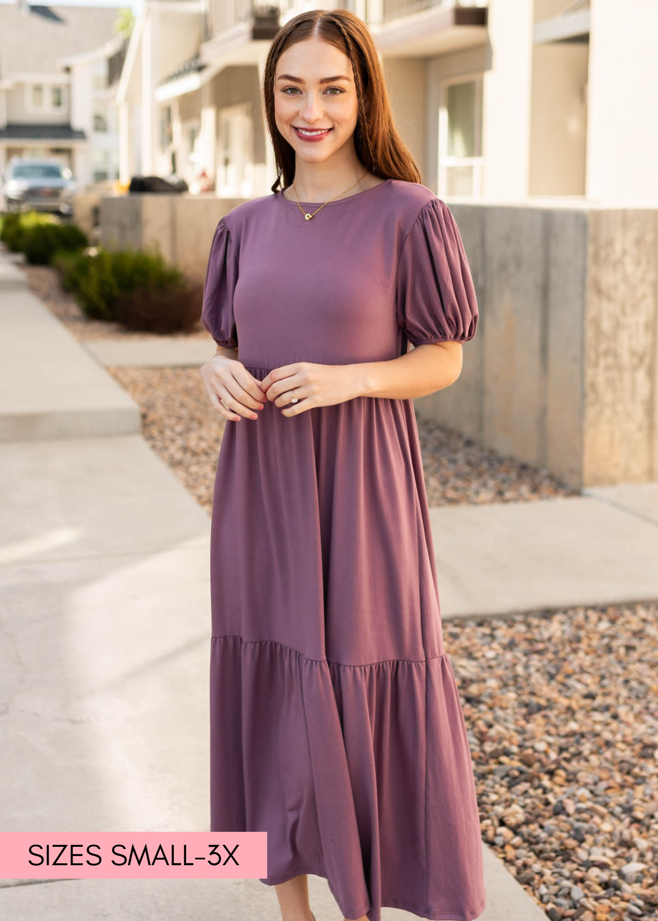 Lavender tiered dress with short sleeves and high waist