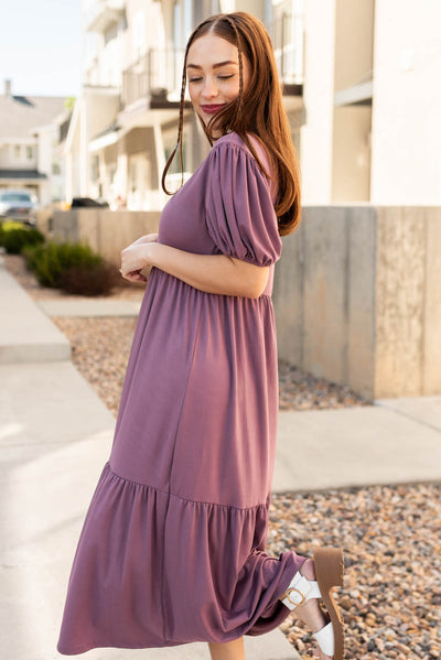 Side view of the lavender tiered dress