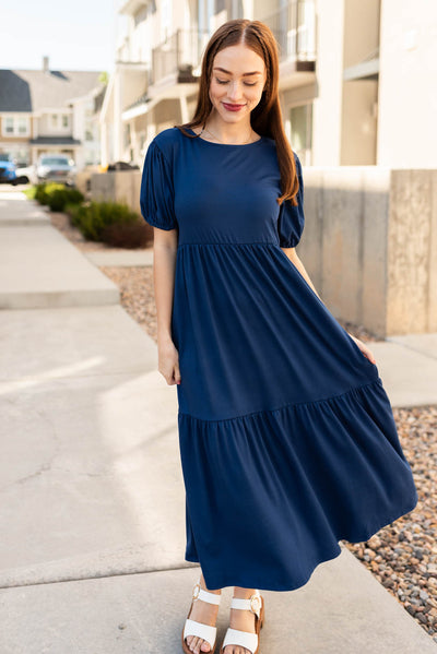 High waisted navy tiered dress