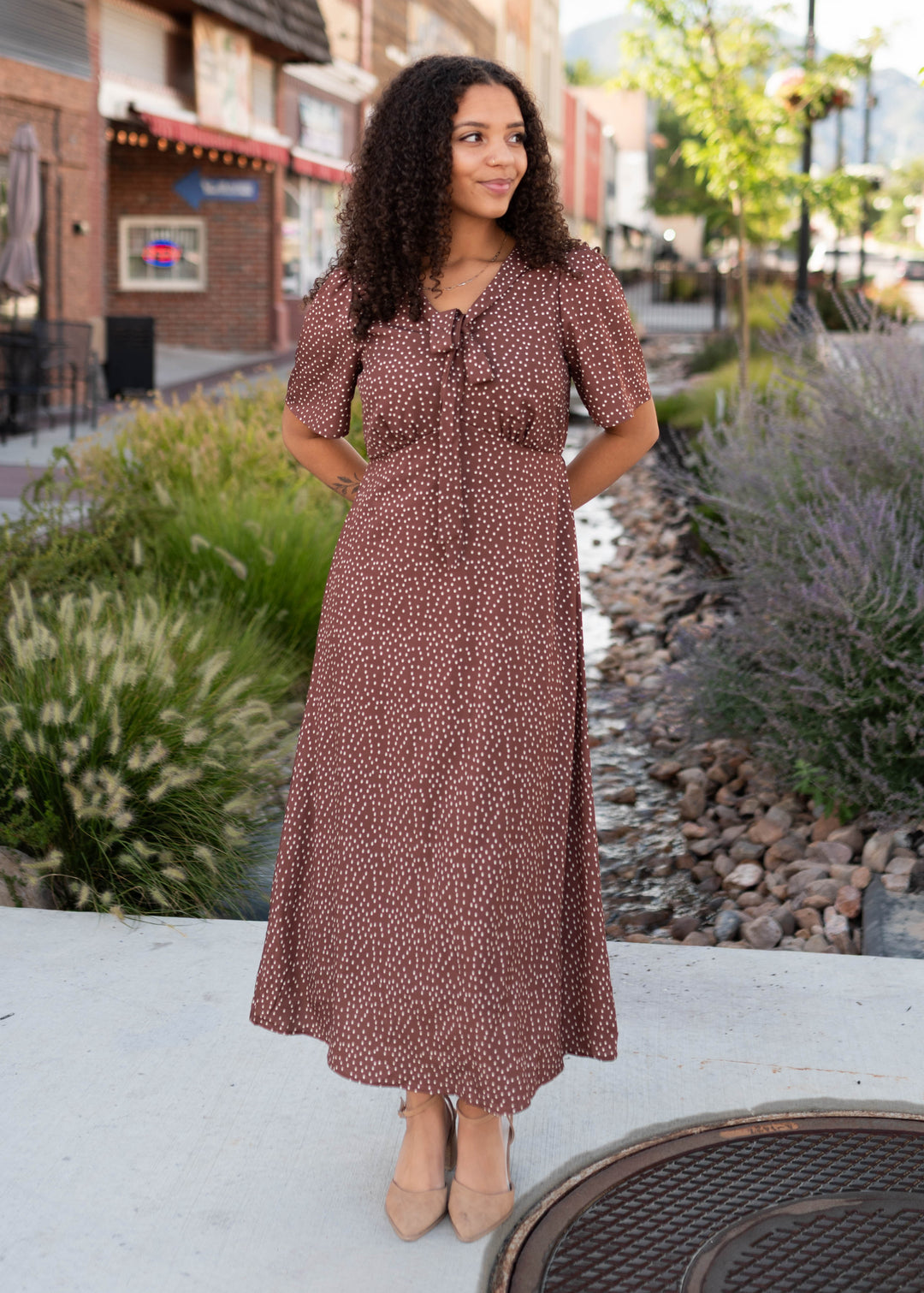 Afton Cocoa & Ivory Dotted Tie Dress – Lena Layne