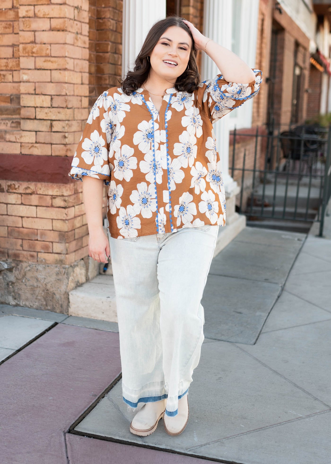 Modest plus size cinnamon floral top with ivory flowers and blue trim