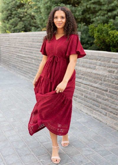 Modest burgundy textured tie dress with short sleeves