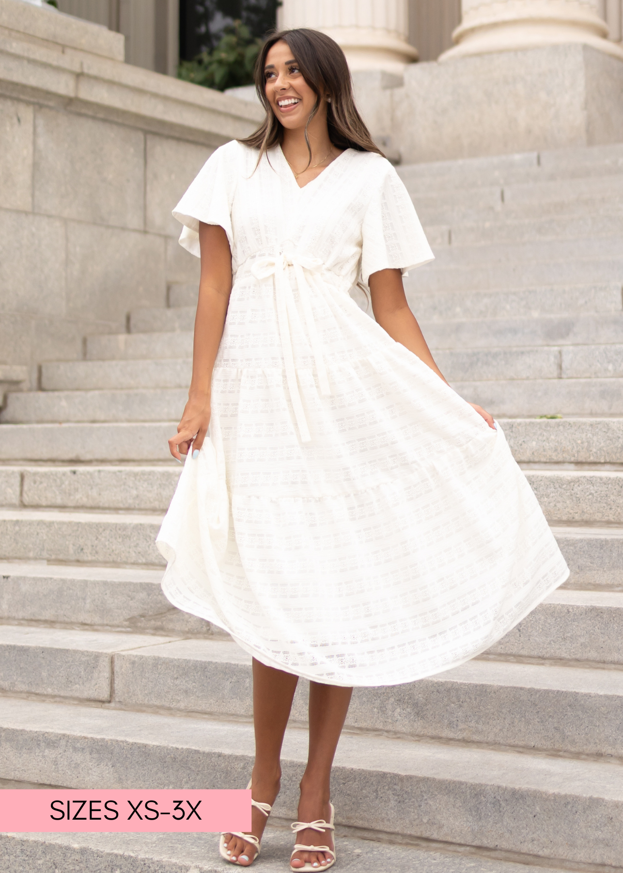 Modest short sleeve ivory textured tie dress