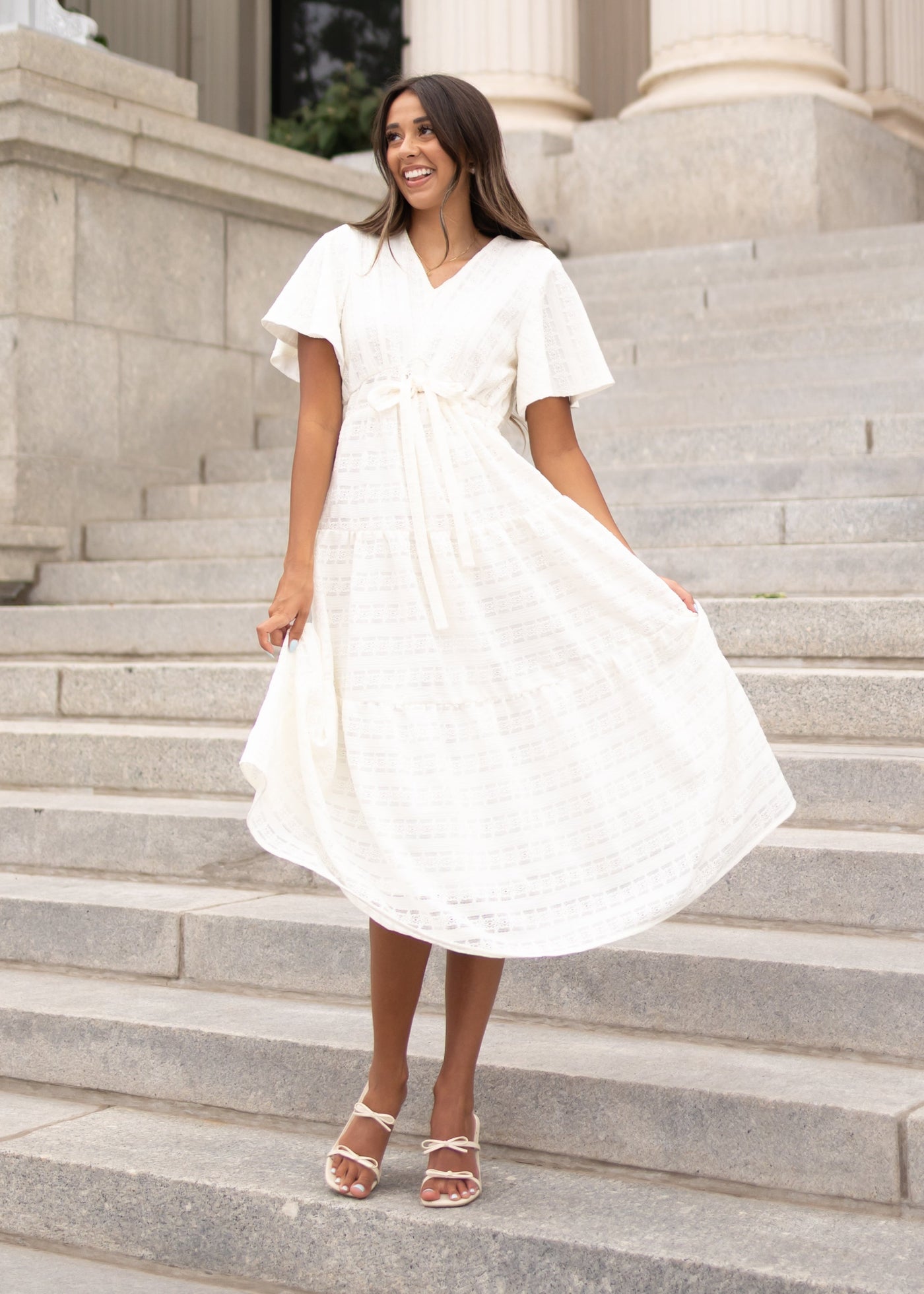 High waisted modest vneck ivory textured tie dress